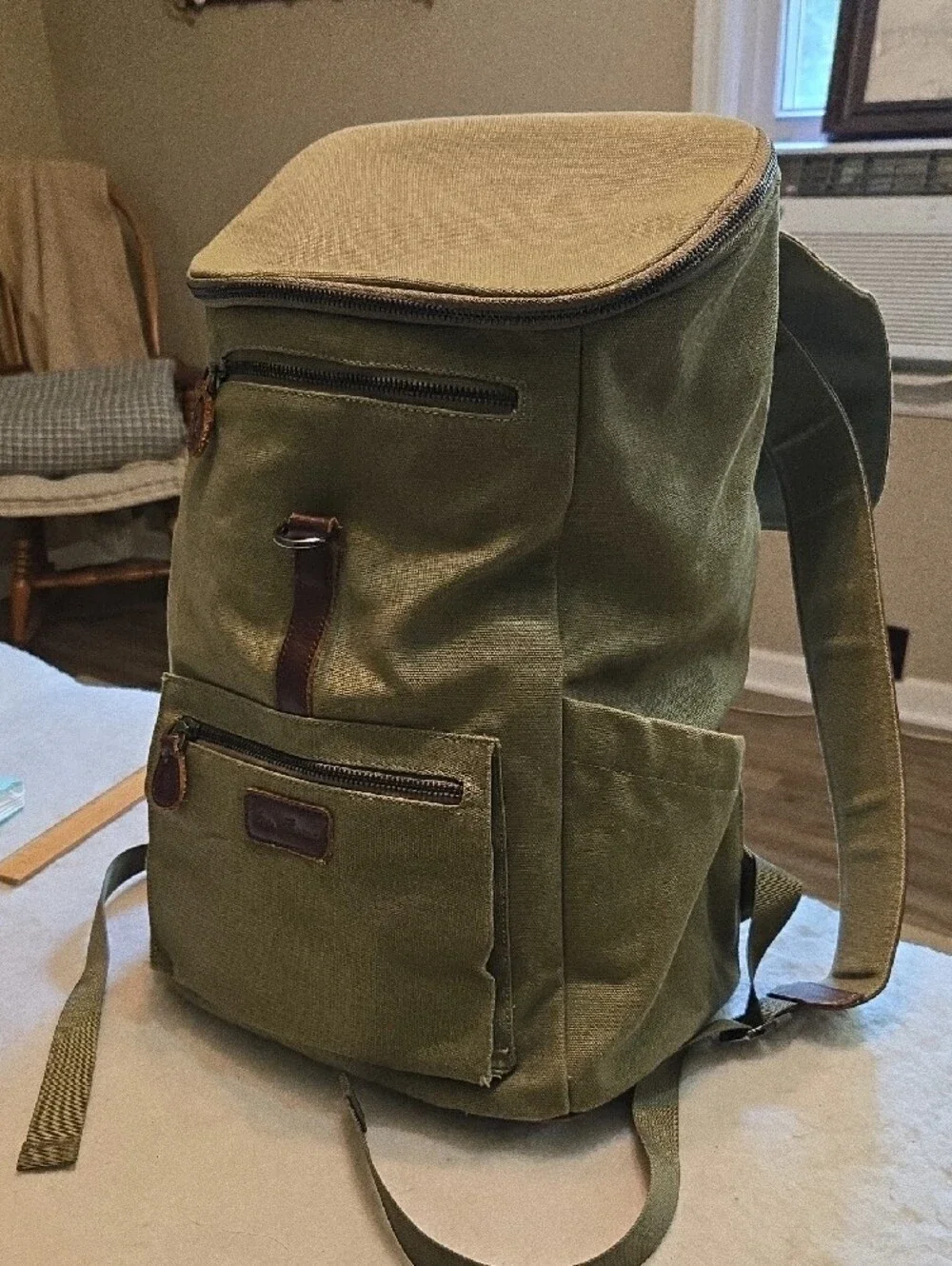 Ever Forward Green Canvas Back Pack Bag with Leather Accent